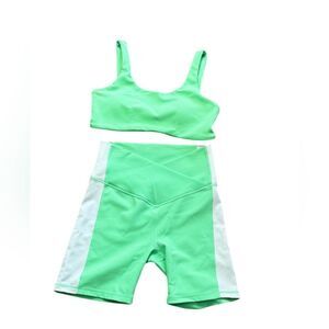 Willo Lime Green& White Ribbed Biker Shorts & Sports Bra